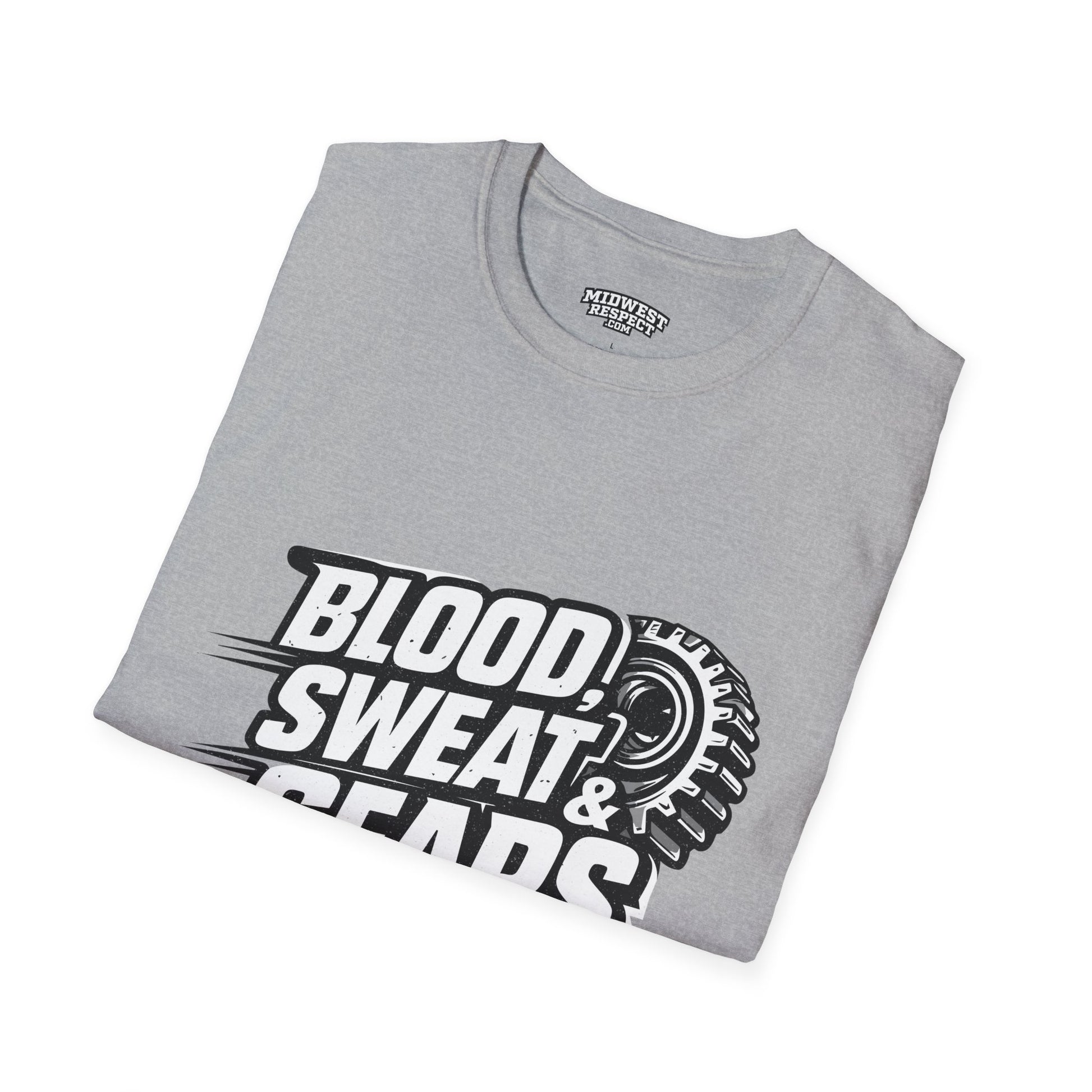 Folded gray t-shirt with 'Blood, Sweat, & Gears' graphic on a white background