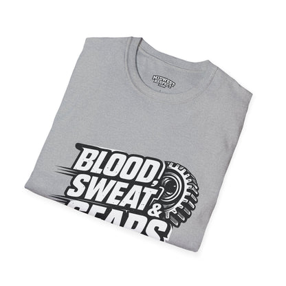 Folded gray t-shirt with 'Blood, Sweat, & Gears' graphic on a white background