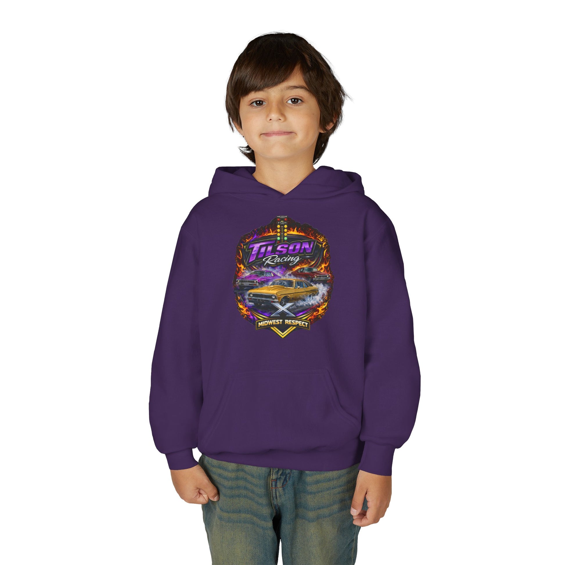 Child wearing a purple hoodie with a car graphic on a white background