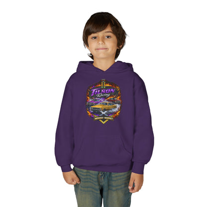 Child wearing a purple hoodie with a car graphic on a white background