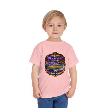 Child wearing a pink t-shirt with a colorful graphic design on a white background