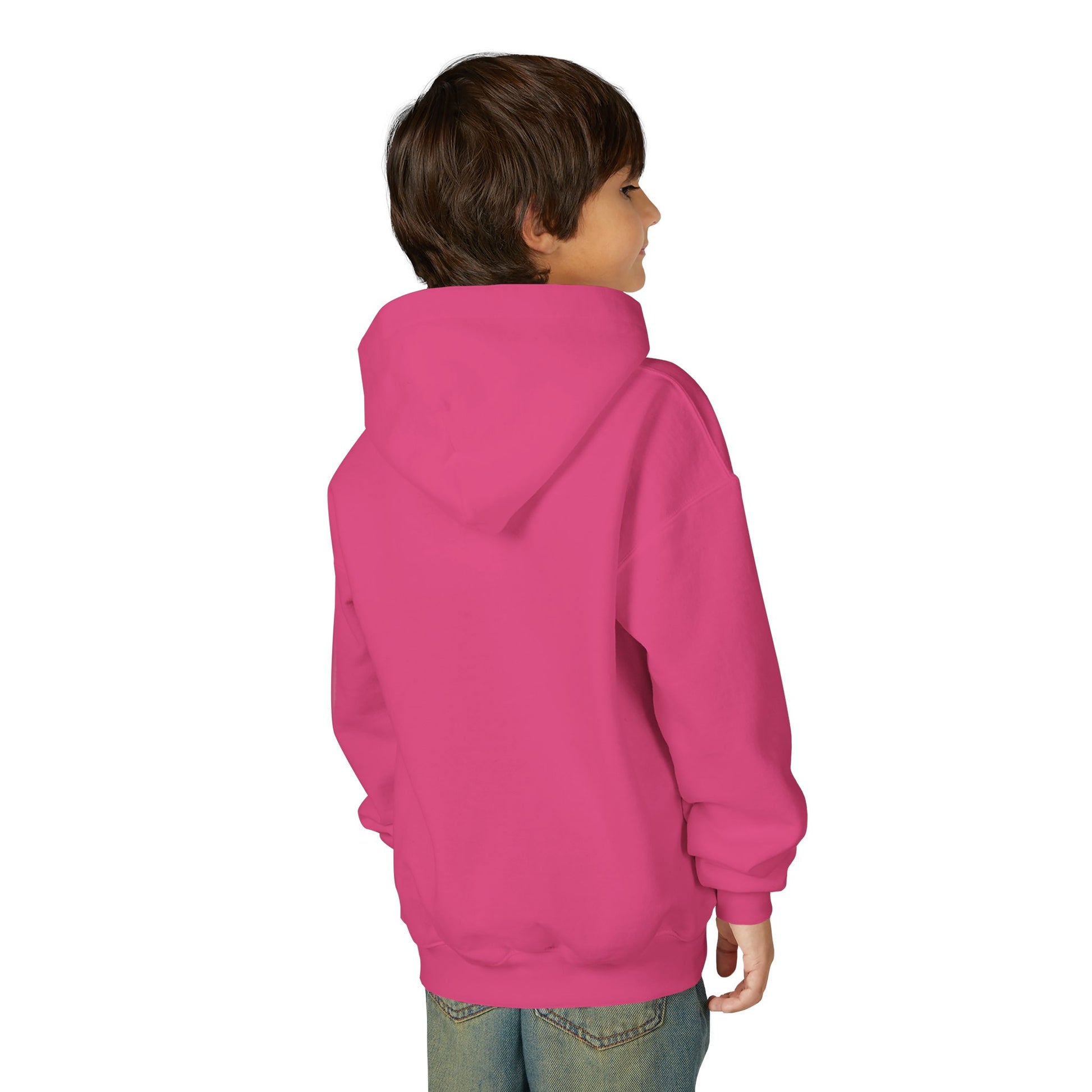 Child wearing a pink hoodie on a white background