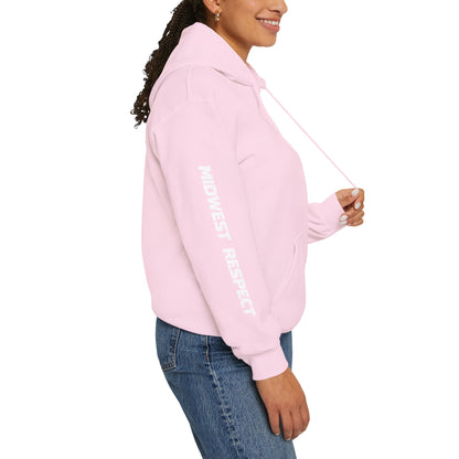 Person wearing a pink hoodie and blue jeans on a white background