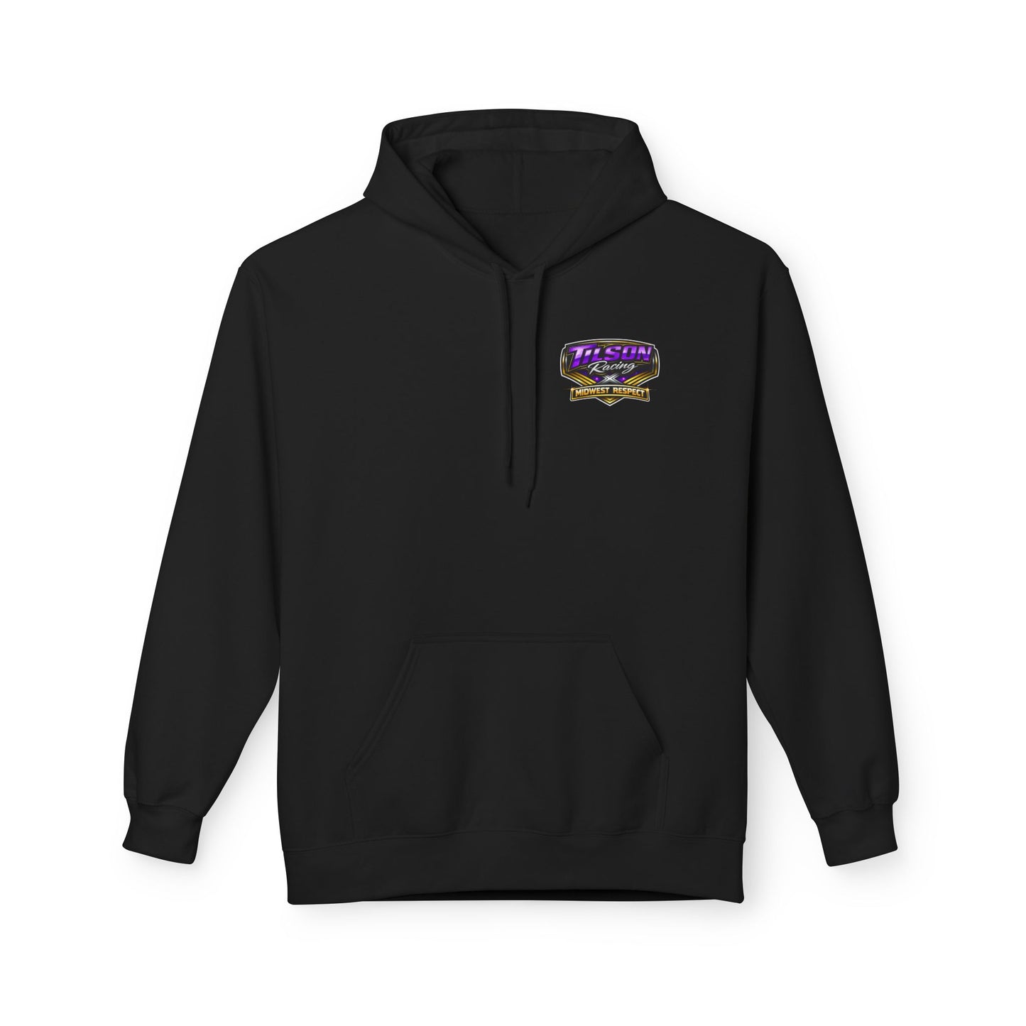 Black hoodie with a logo and text on the chest against a white background