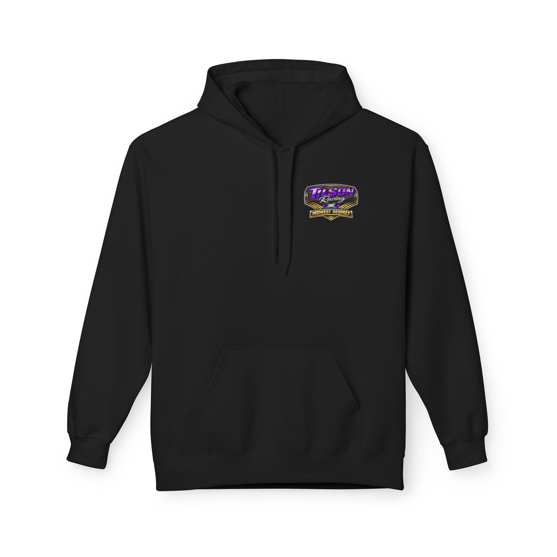 Black hoodie with a logo and text on the chest against a white background