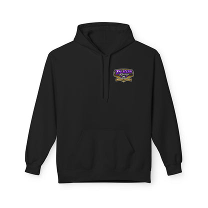 Black hoodie with a logo and text on the chest against a white background
