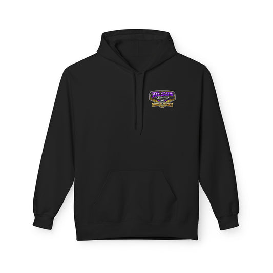 Black hoodie with a logo and text on the chest against a white background