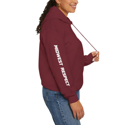 Person wearing a maroon hoodie with white text on a white background