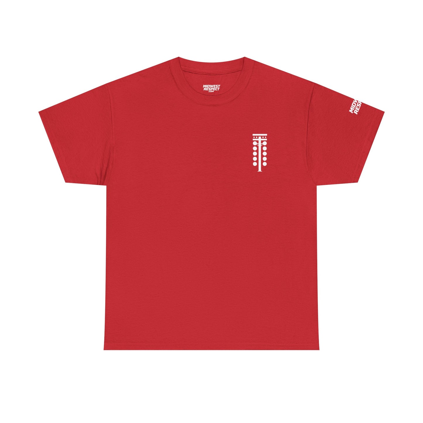 Red t-shirt with racing tree design on a white background