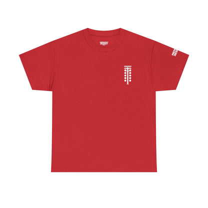Red t-shirt with racing tree design on a white background