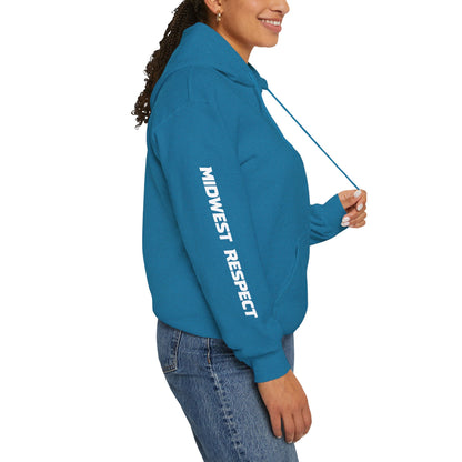 Person wearing a blue hoodie with 'Midwest Respect' text on a white background