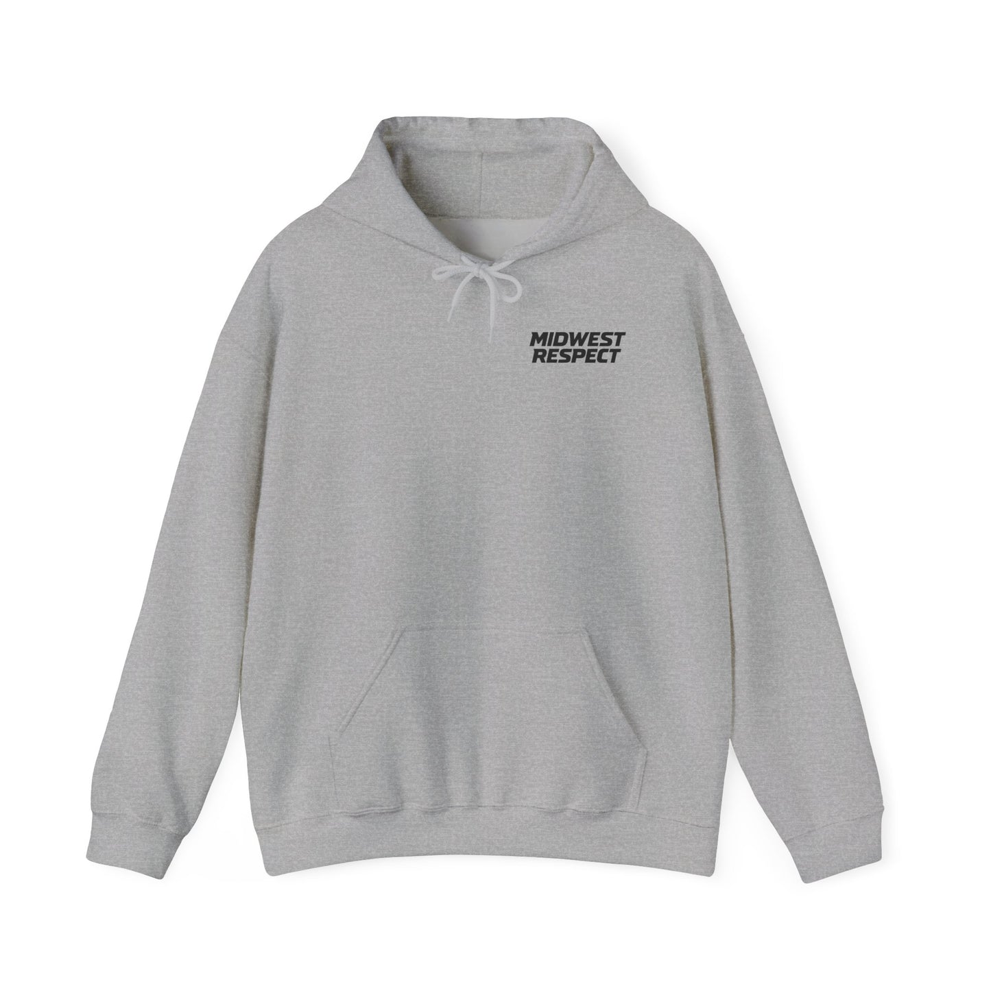 Gray hoodie with a small graphic on the chest against a white background