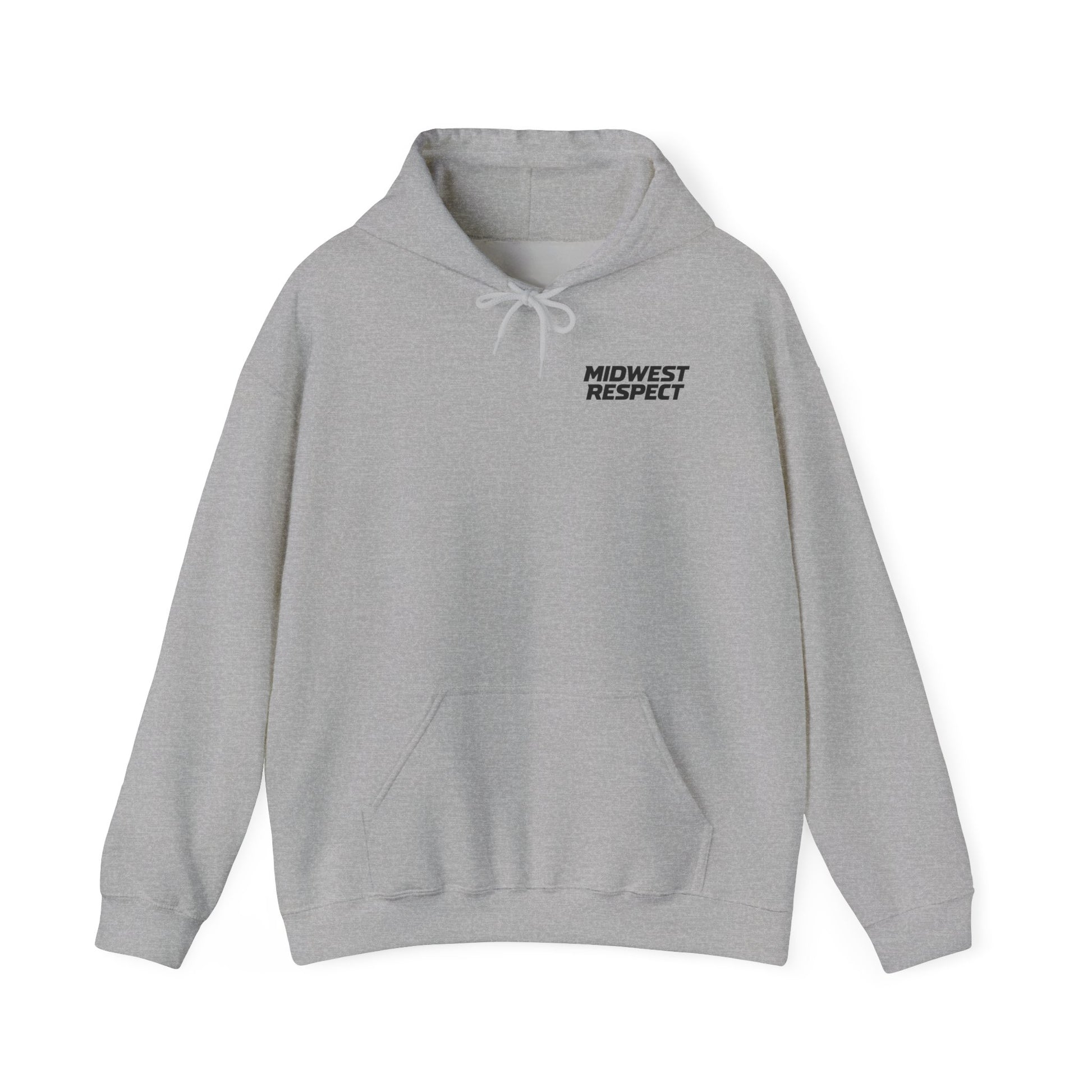 Gray hoodie with a small graphic on the chest against a white background