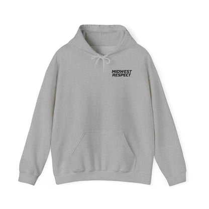 Gray hoodie with a small graphic on the chest against a white background