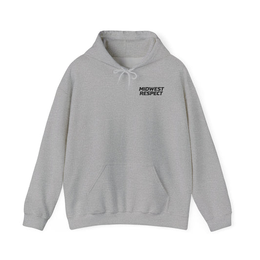 Gray hoodie with a small graphic on the chest against a white background