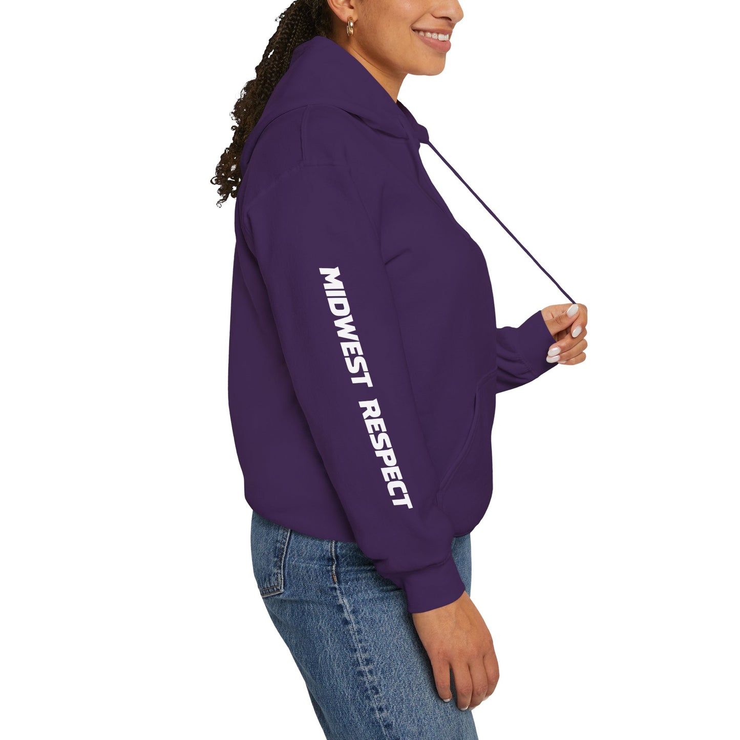 Person wearing a purple hoodie with 'Midwest Respect' text on a white background