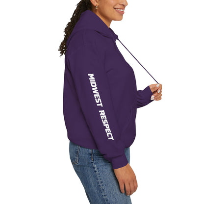 Person wearing a purple hoodie with 'Midwest Respect' text on a white background