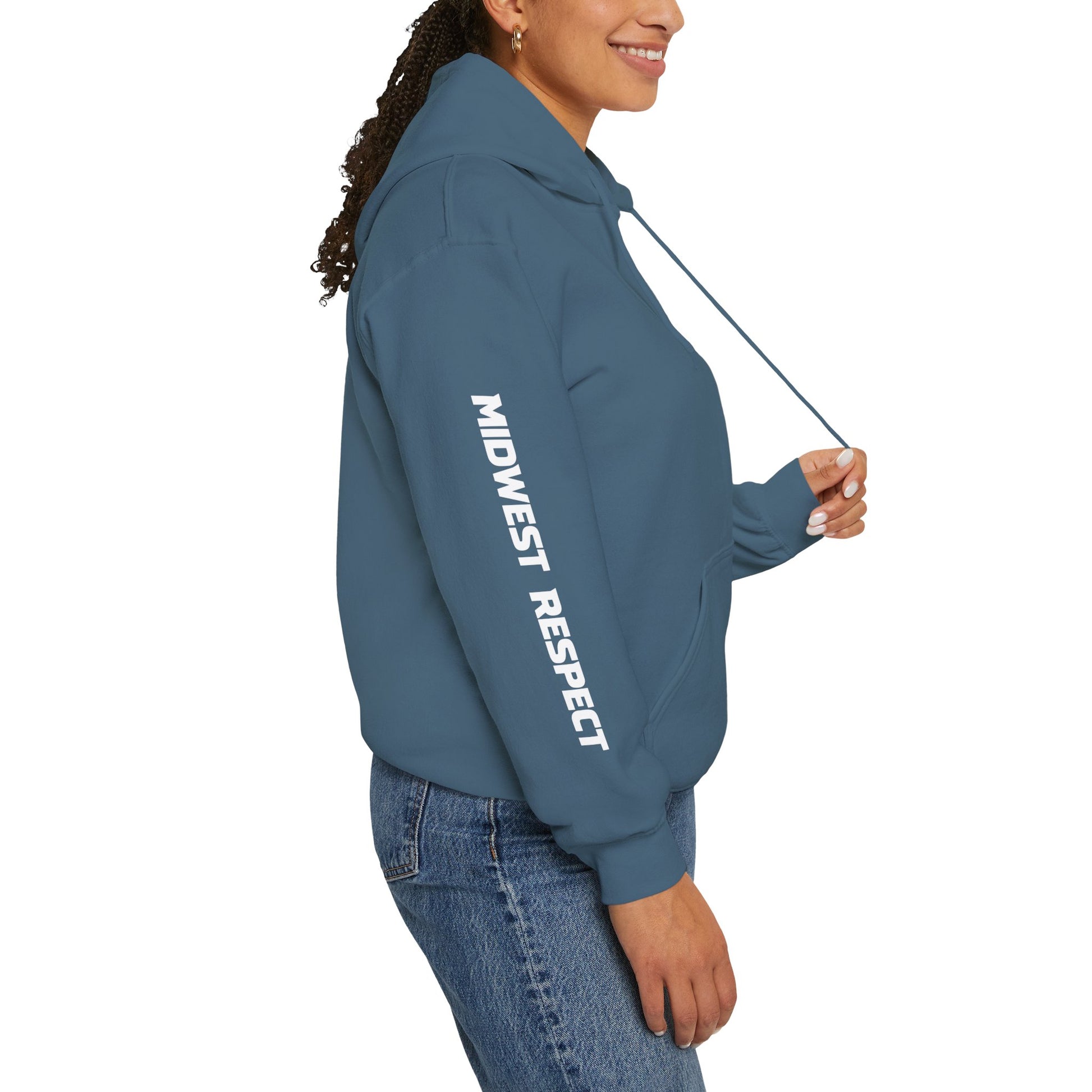 Person wearing a blue hoodie with 'Midwest Respect' text on a white background