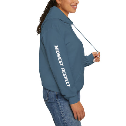 Person wearing a blue hoodie with 'Midwest Respect' text on a white background