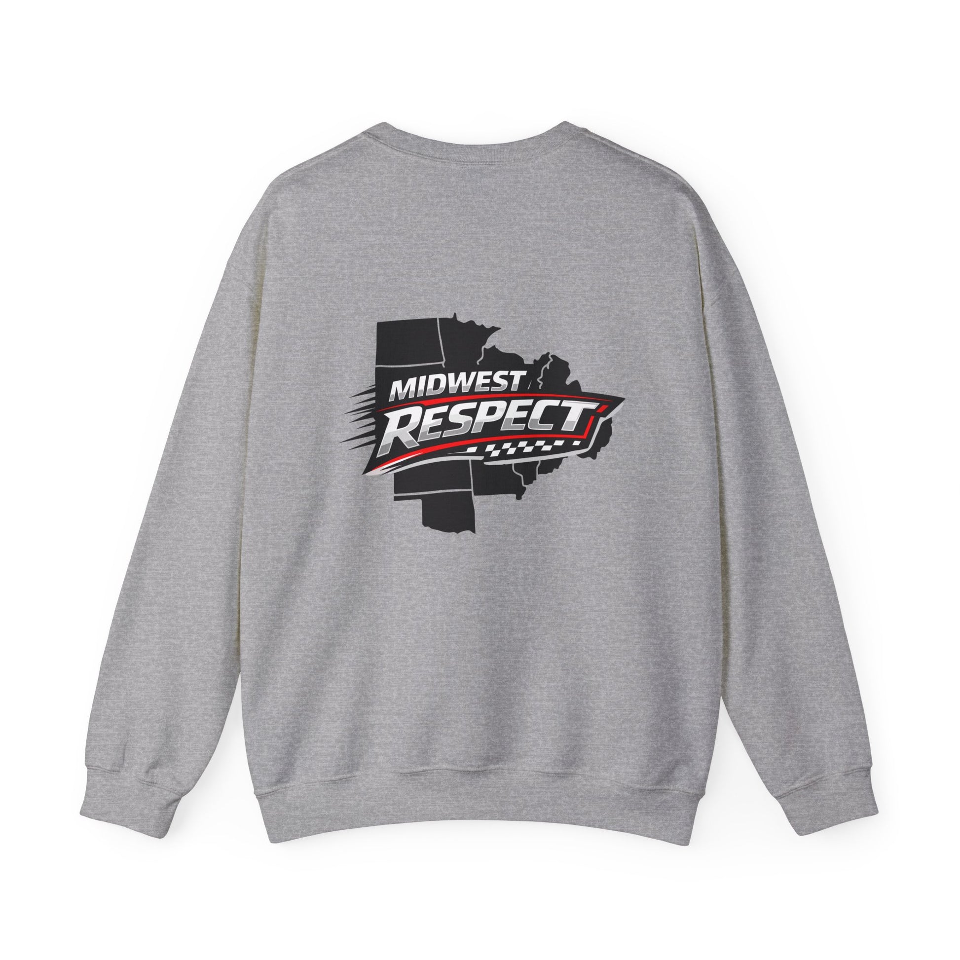 Gray sweatshirt with 'Midwest Respect' graphic on the back against a white background