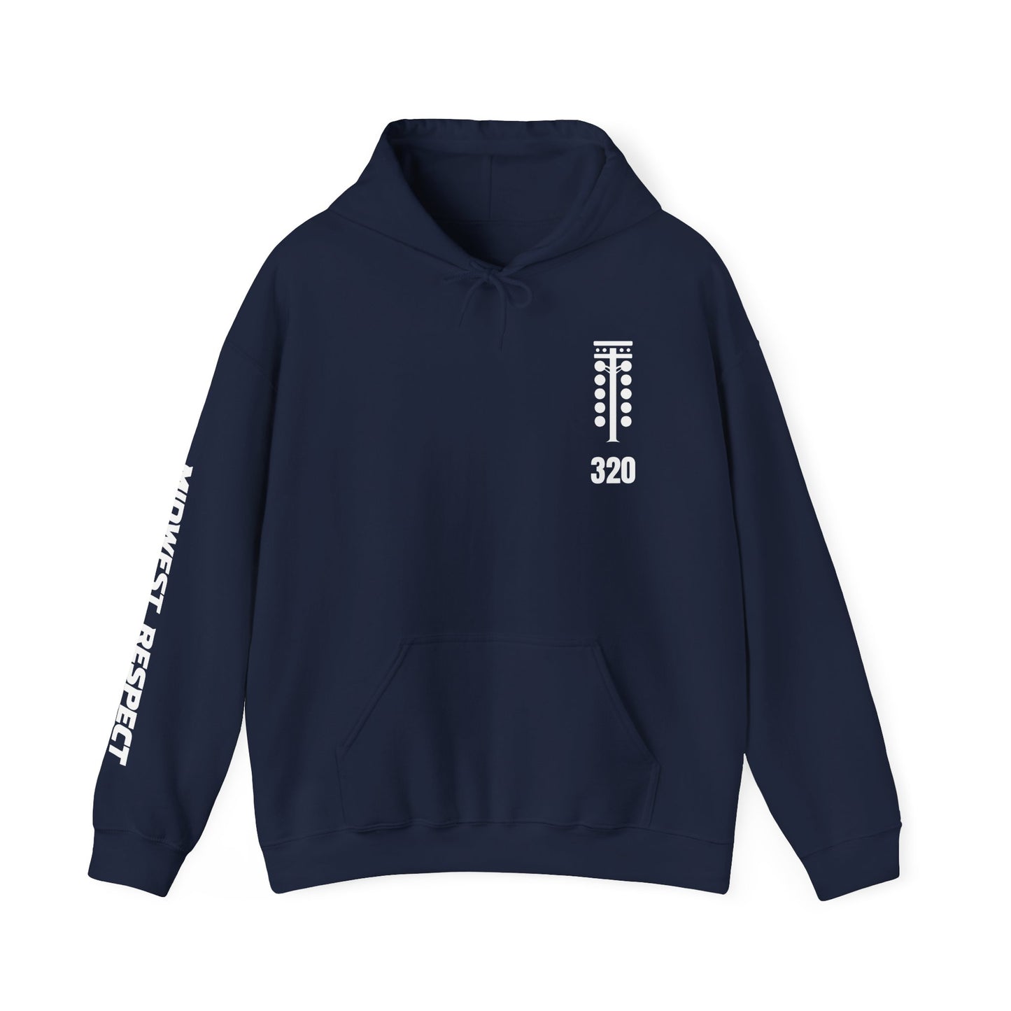 Navy blue hoodie with white text and design on a white background
