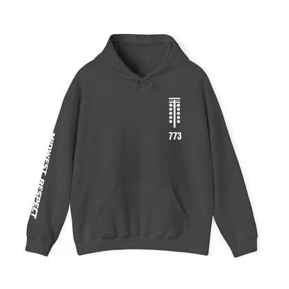 Dark gray hoodie with a logo and text on a white background