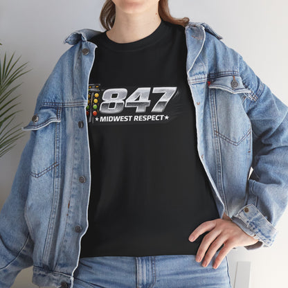 Person wearing a black t-shirt with '847 Midwest Respect' design and a denim jacket.