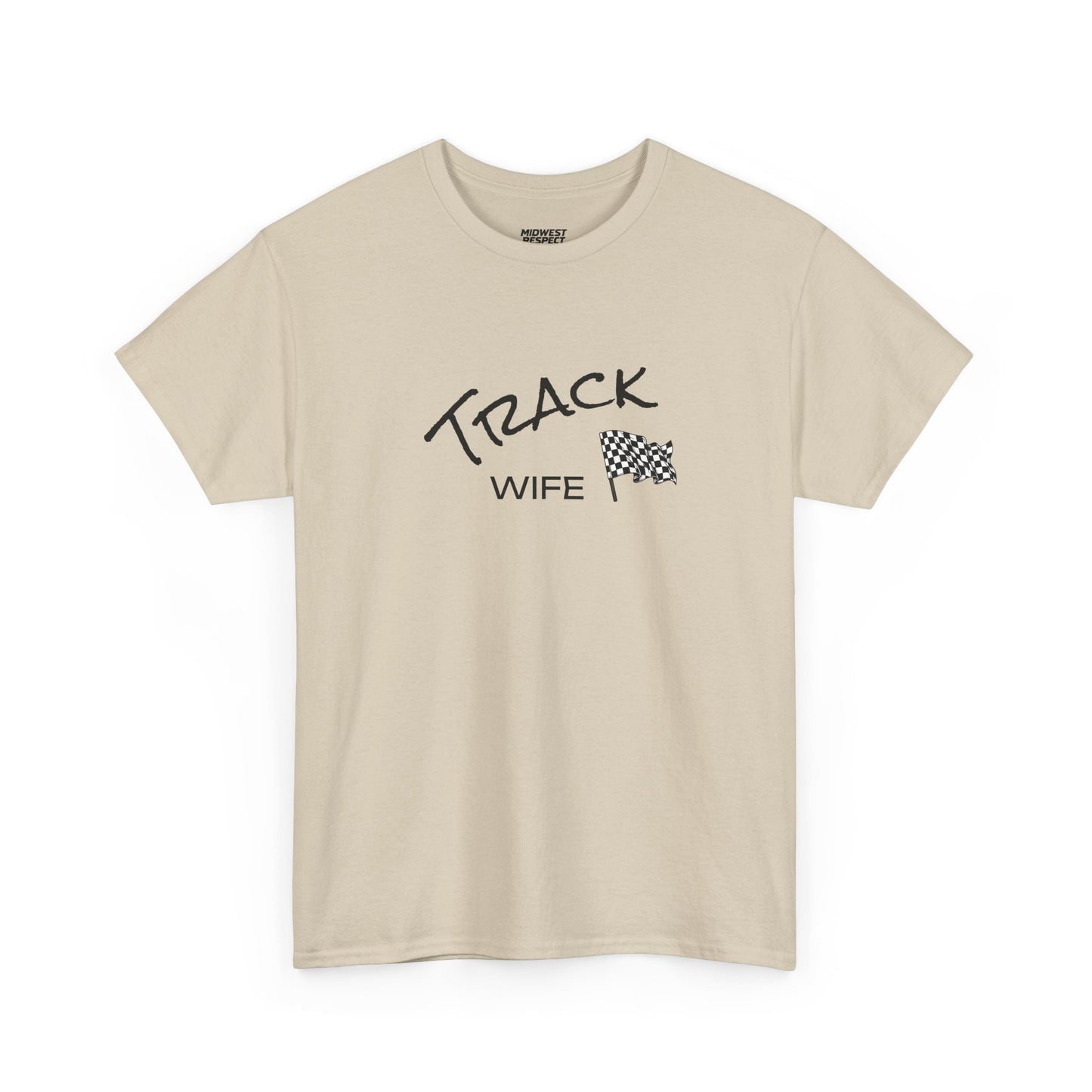 Beige t-shirt with 'Track Wife' text and checkered flag graphic on a white background