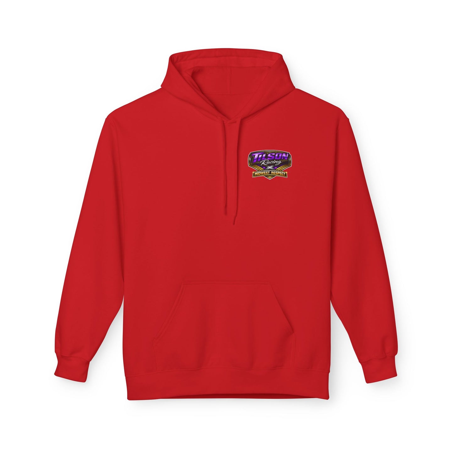 Red hoodie with a logo on the chest against a white background