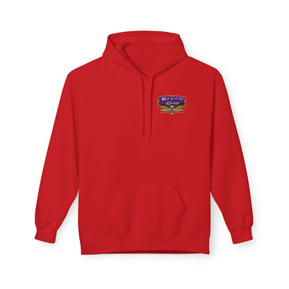 Red hoodie with a logo on the chest against a white background