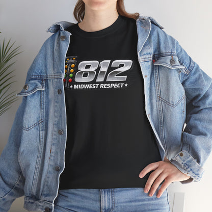 Person wearing a black t-shirt with '812 Midwest Respect' design and a denim jacket.