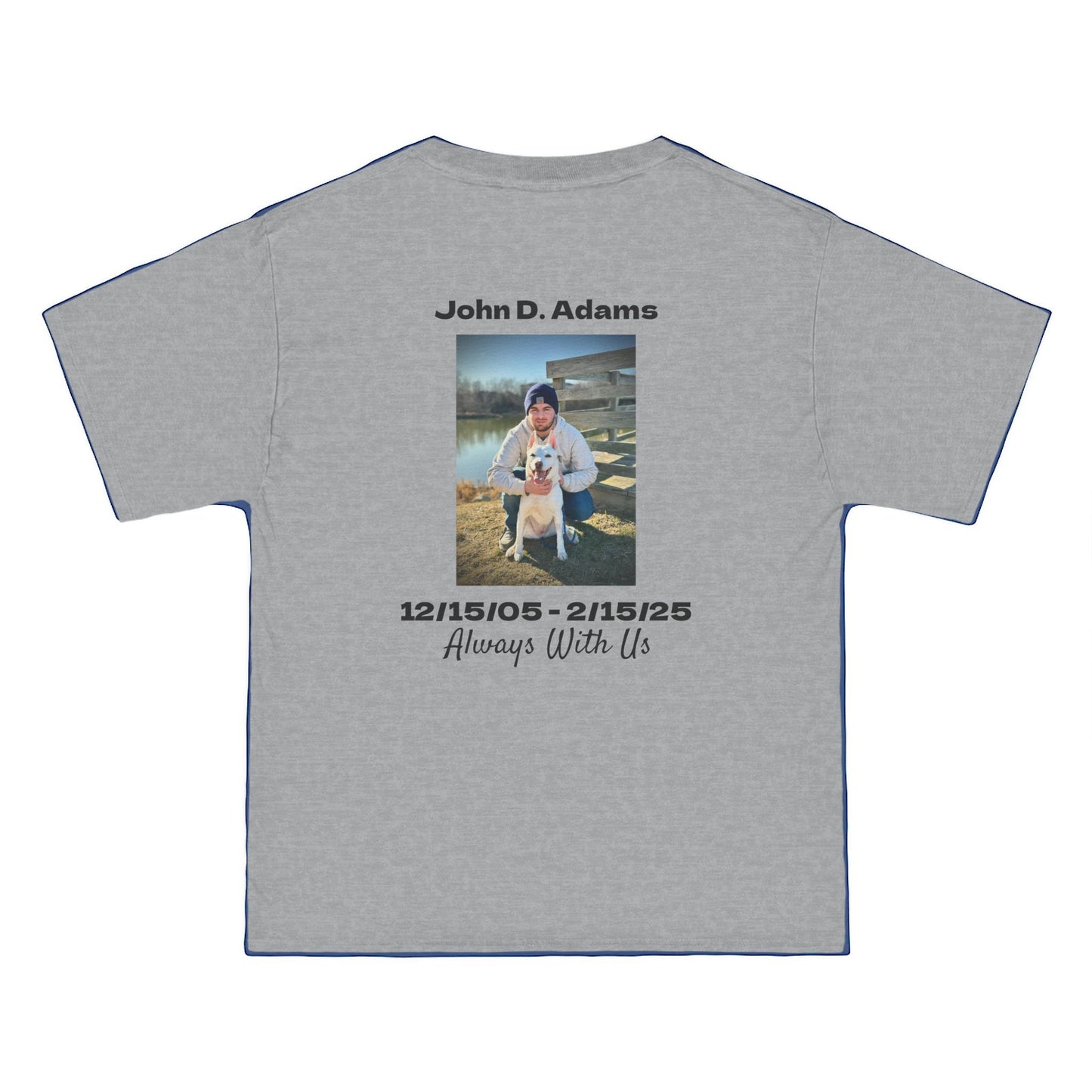 Gray t-shirt with a photo and text on the back, displayed on a white background