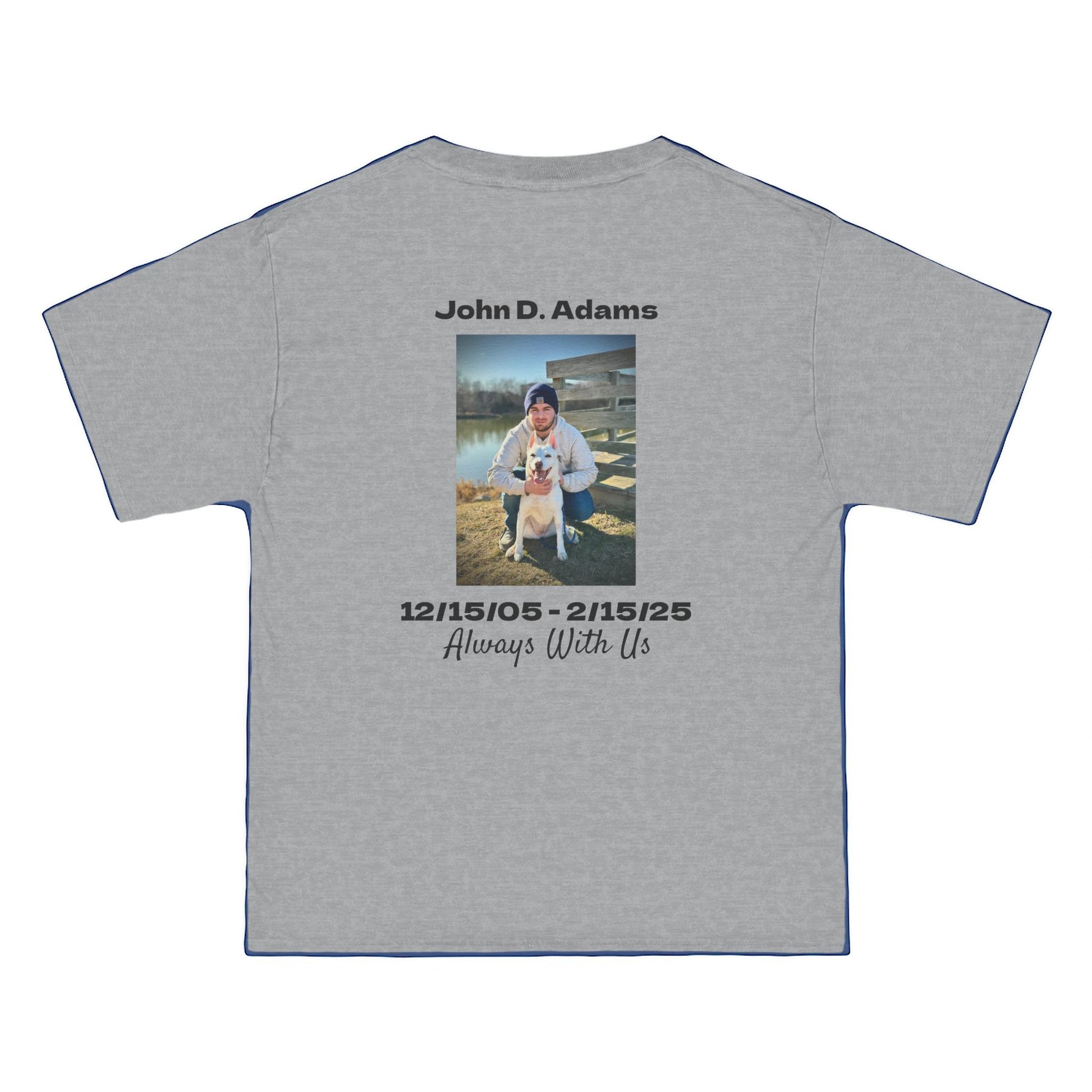 Gray t-shirt with a photo and text on the back, displayed on a white background