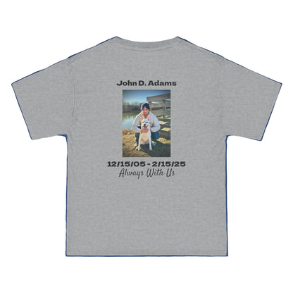 Gray t-shirt with a photo and text on the back, displayed on a white background
