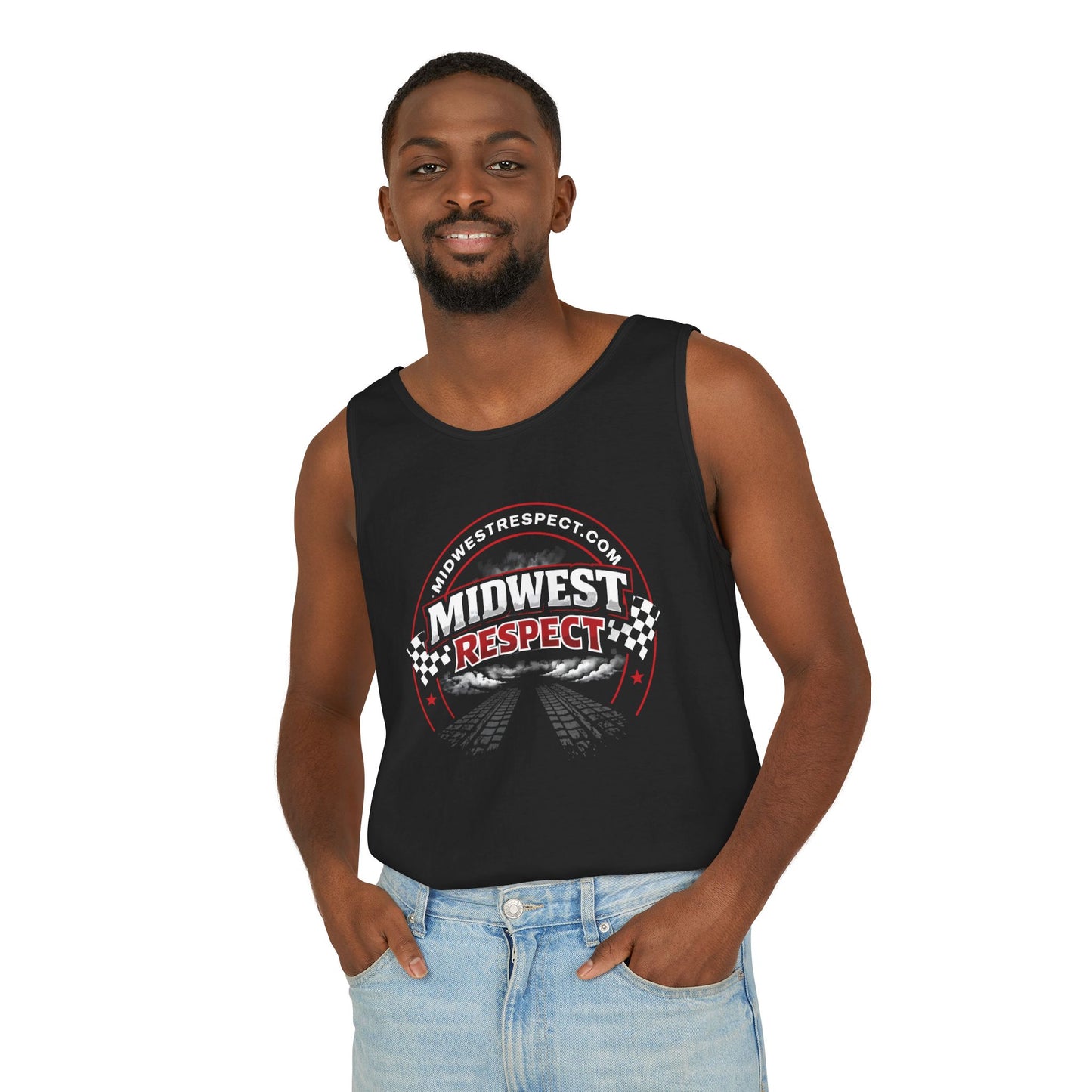 Man wearing a black tank top with 'Midwest Respect' design on a white background