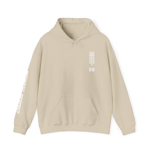 Beige hoodie with text on sleeves and chest on a white background
