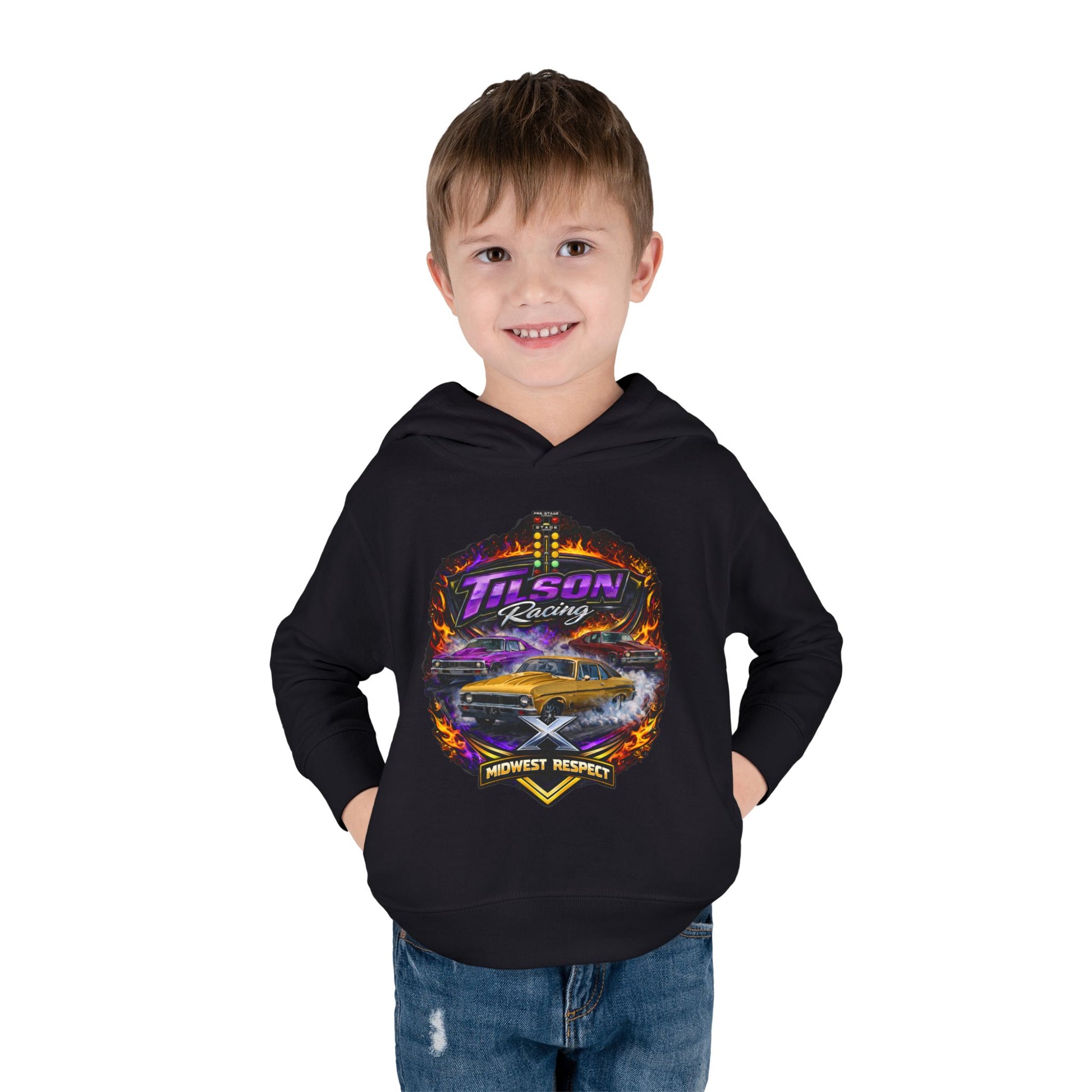 Child wearing a black hoodie with a graphic design on a white background