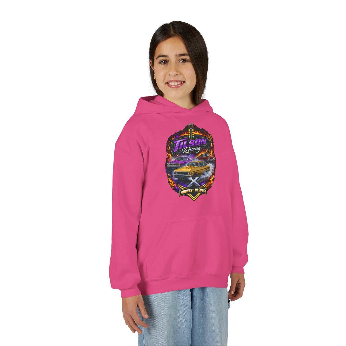 Person wearing a pink hoodie with a colorful graphic design on a white background