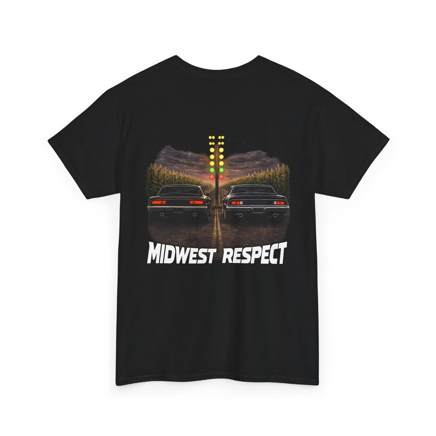 Black t-shirt with graphic design of two cars and 'Midwest Respect' text on a white background