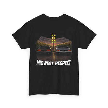 Black t-shirt with graphic design of two cars and 'Midwest Respect' text on a white background