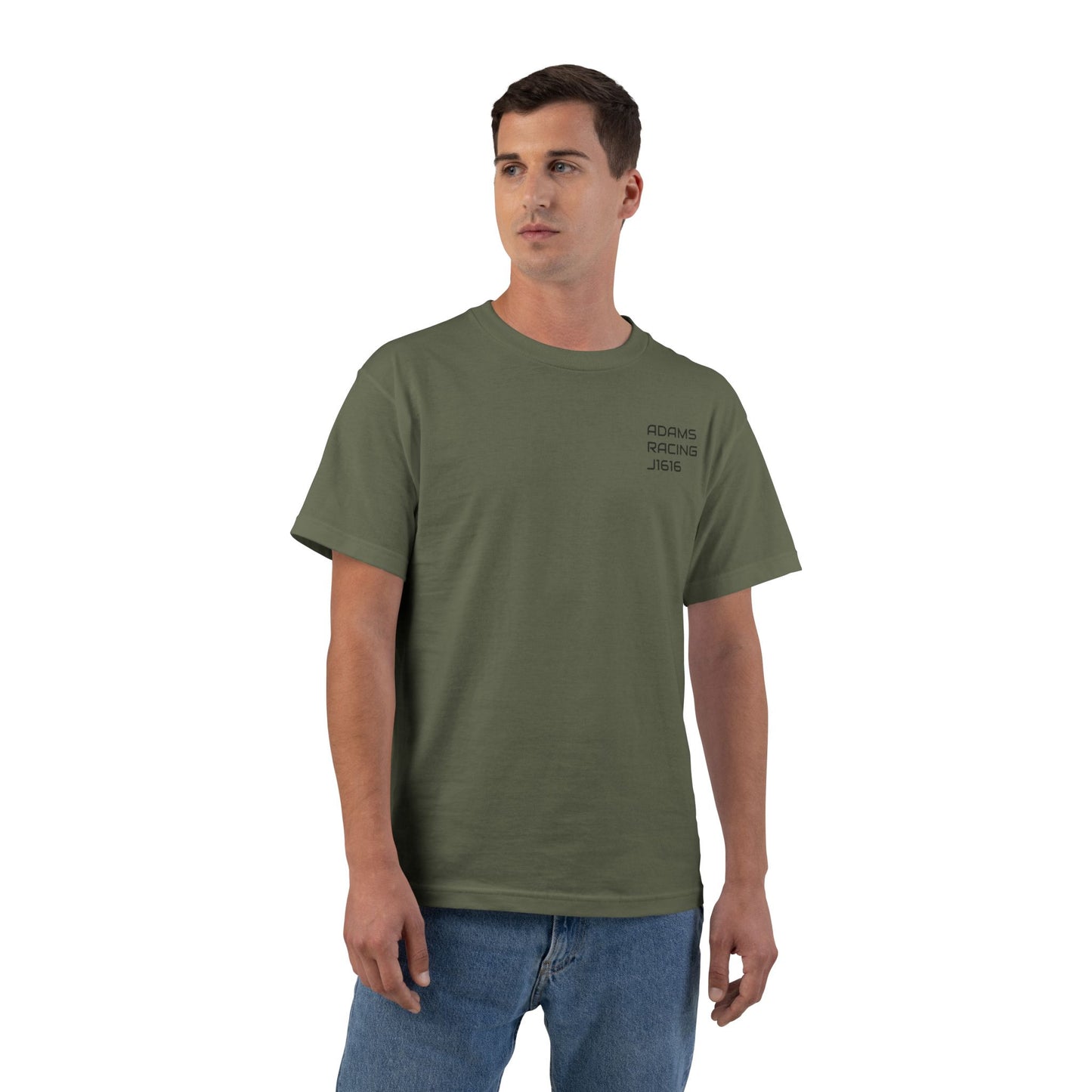 Man wearing an olive green t-shirt with a logo on a white background