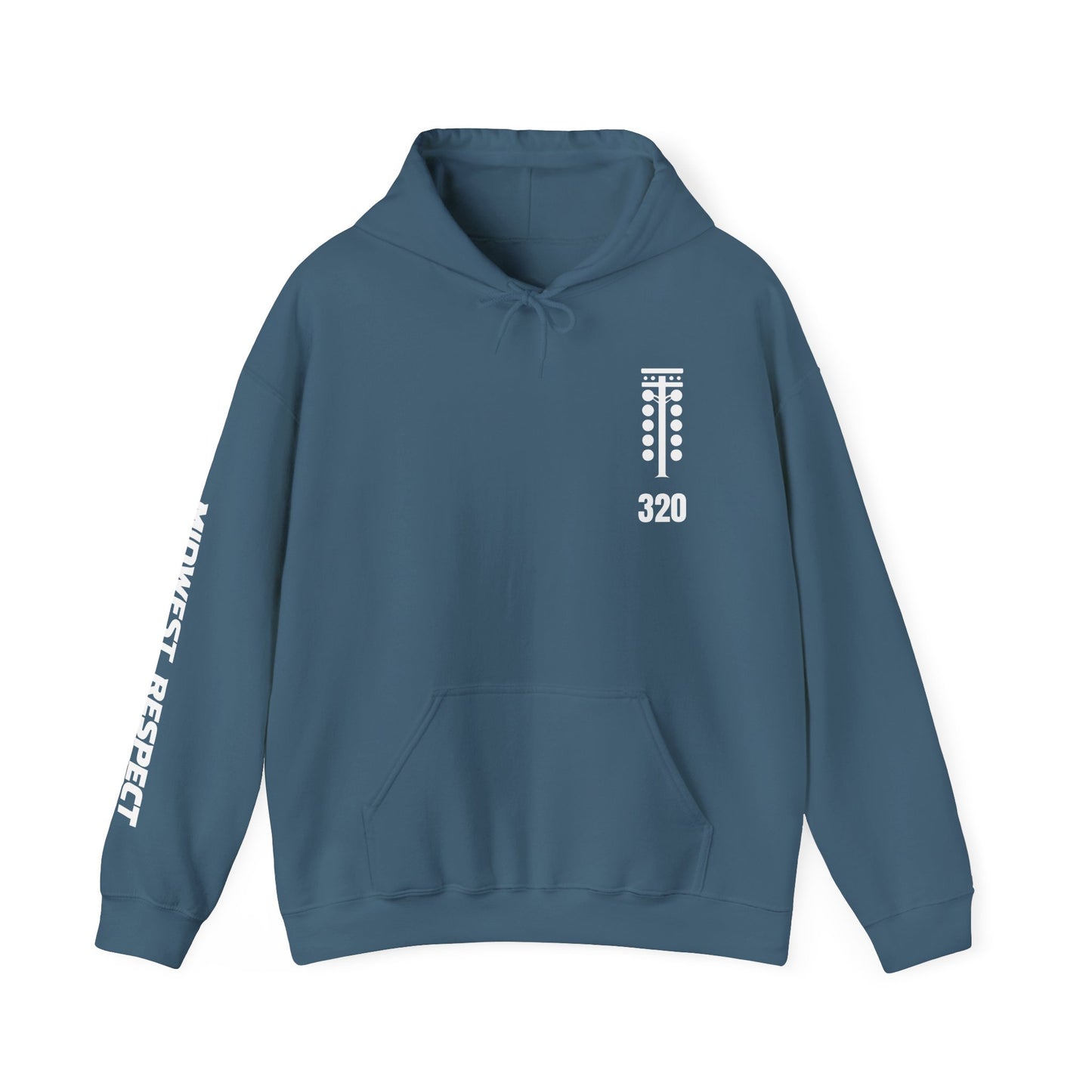 Blue hoodie with white text and design on a white background