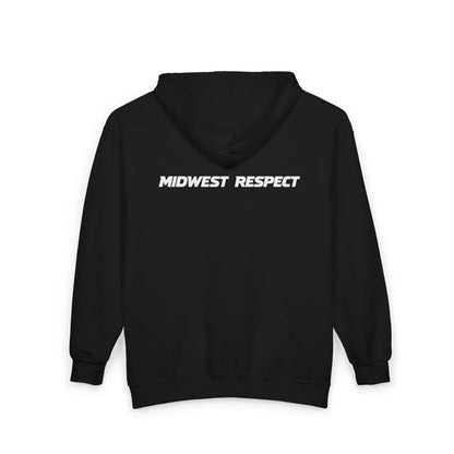 Black hoodie with 'MIDWEST RESPECT' text on the back against a white background