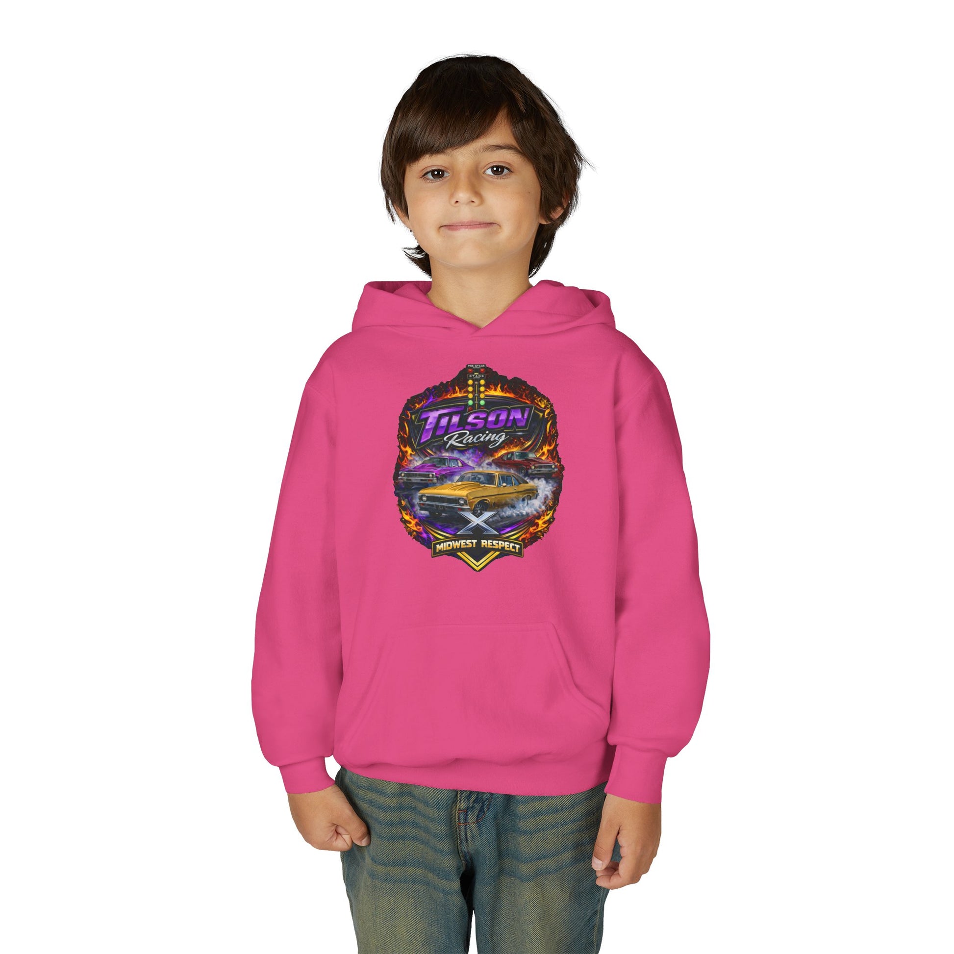 Child wearing a pink hoodie with a colorful graphic design on a white background