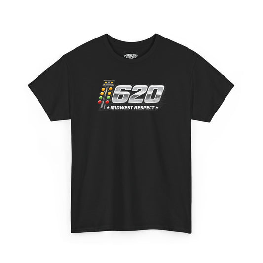 Black t-shirt with '620 Midwest Respect' text and design on a white background