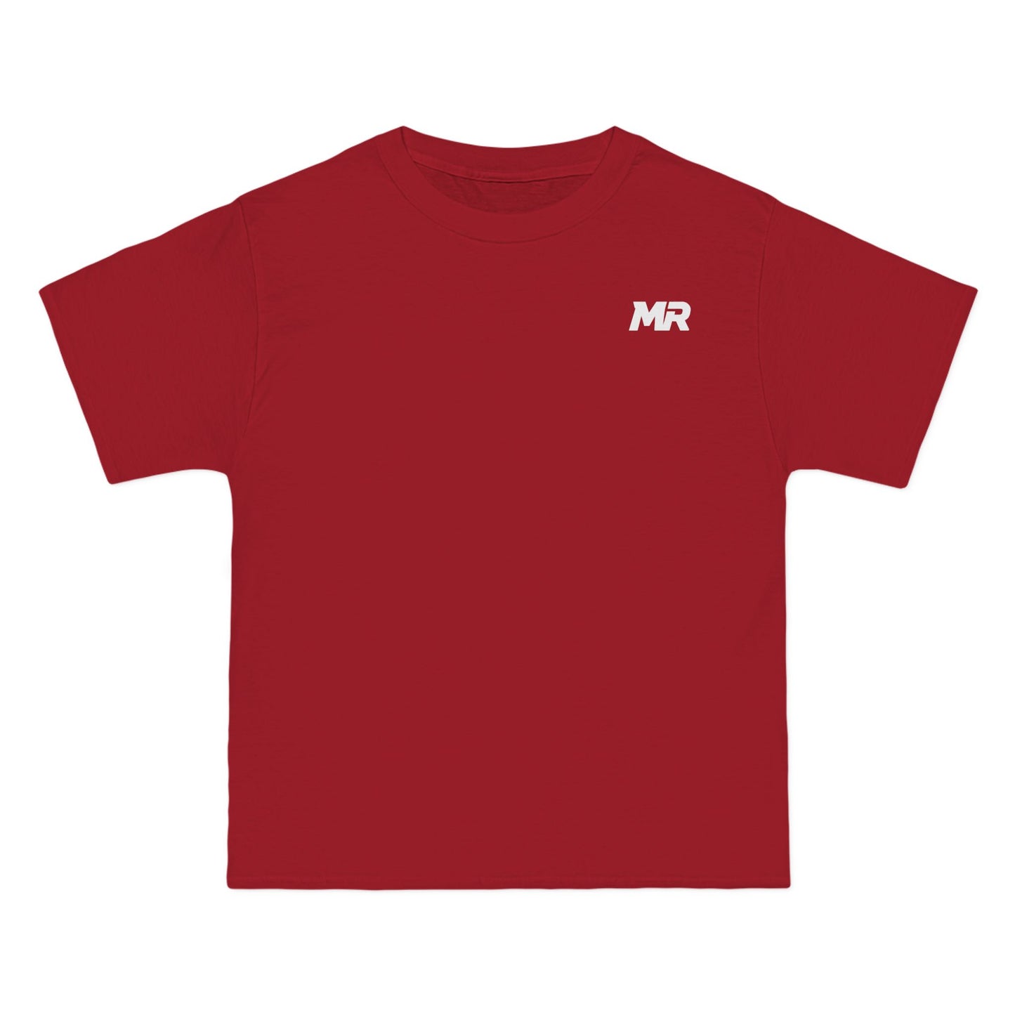 Red t-shirt with a white logo on a white background