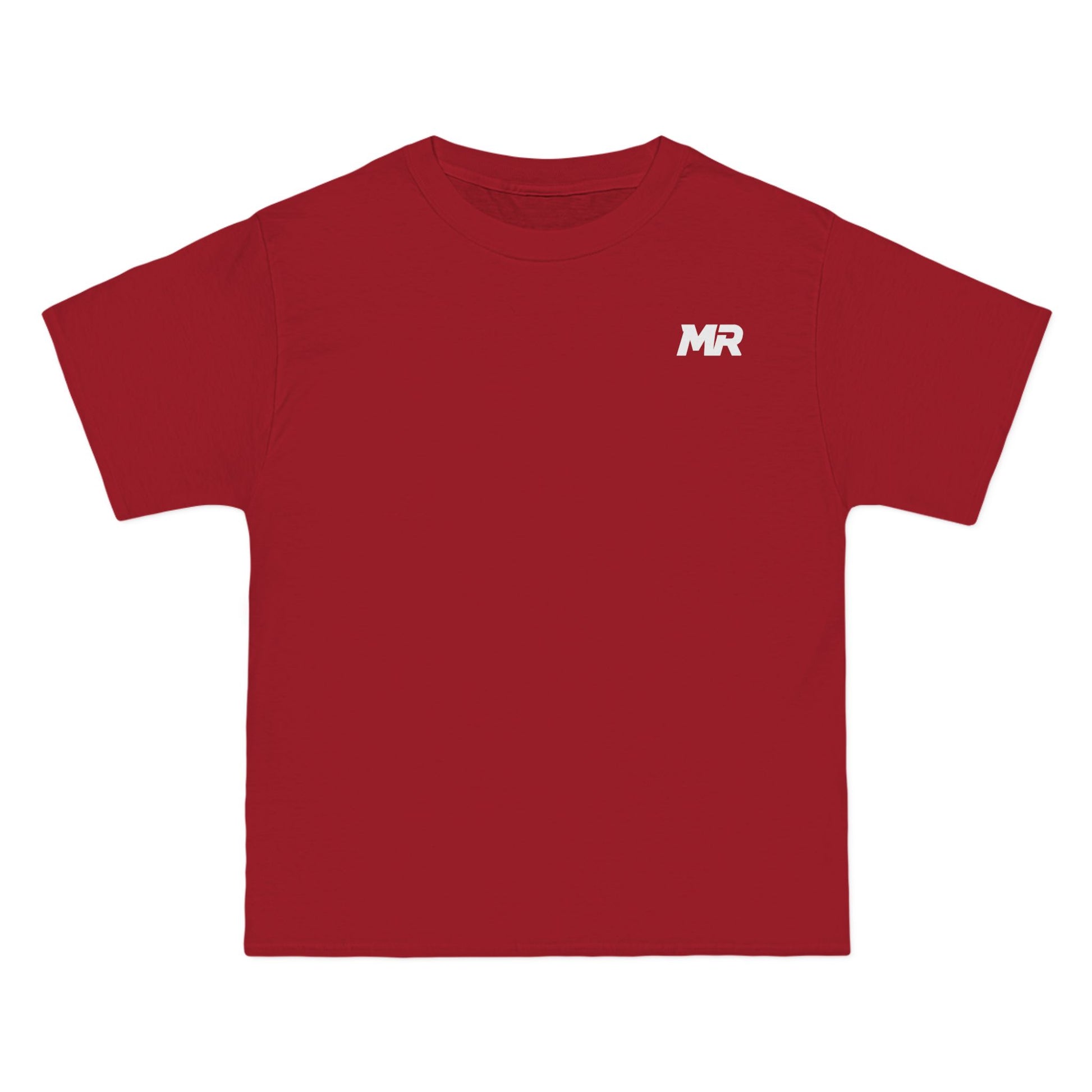 Red t-shirt with a white logo on a white background