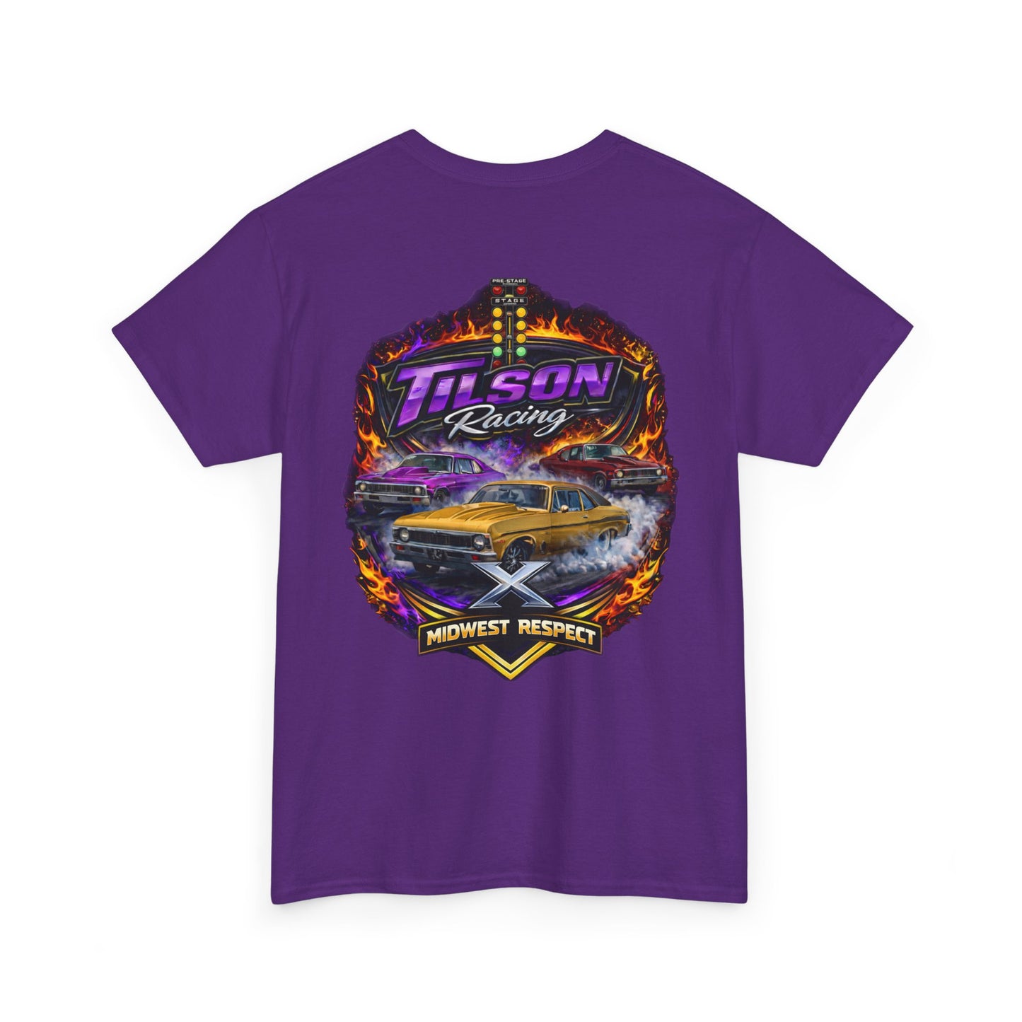 Purple t-shirt with Tilson Racing graphic design on a white background