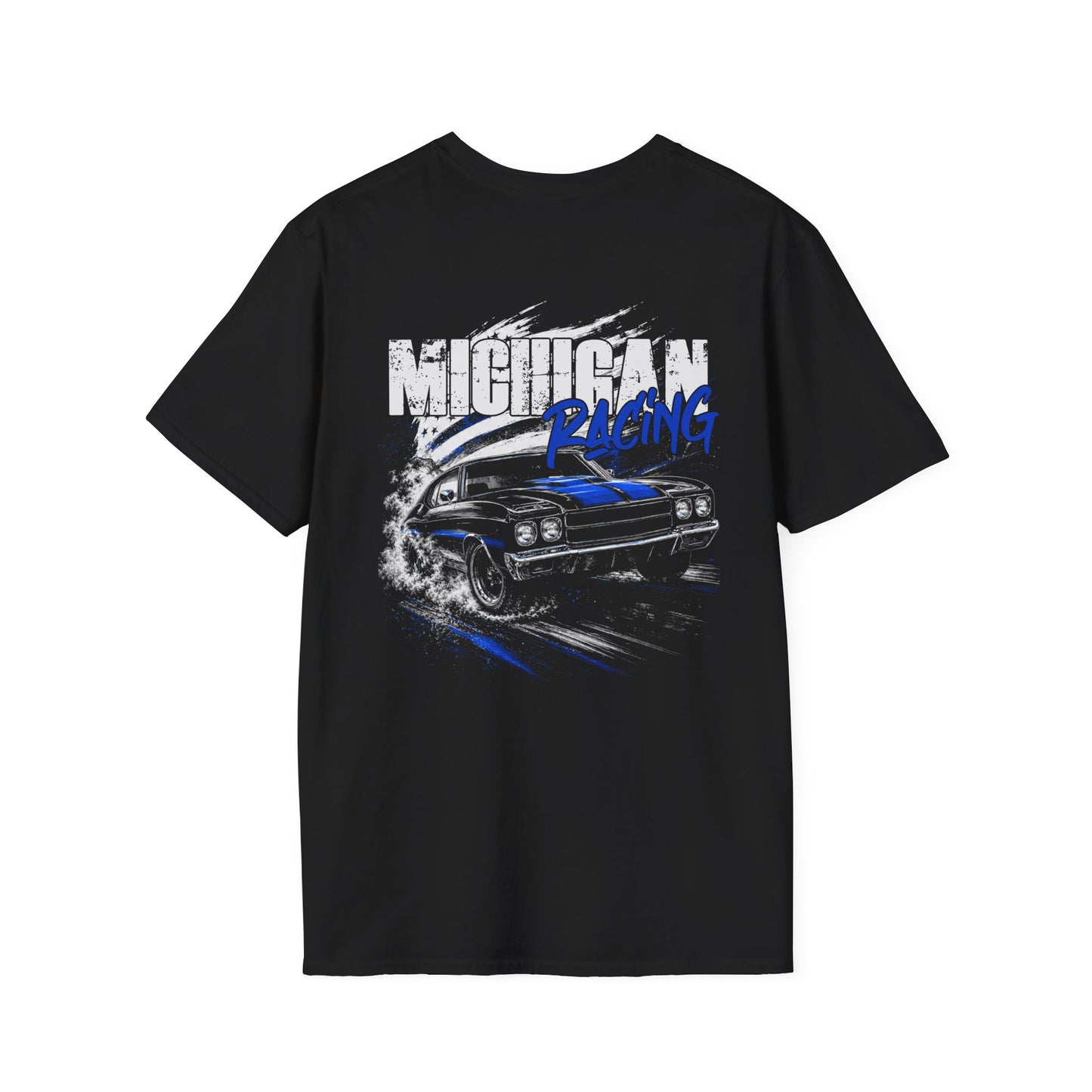 A black short-sleeve t-shirt with a graphic print on the front featuring a muscle car and the text 'MICHIGAN RACING' in distressed white and blue lettering, shown against a plain white background.
