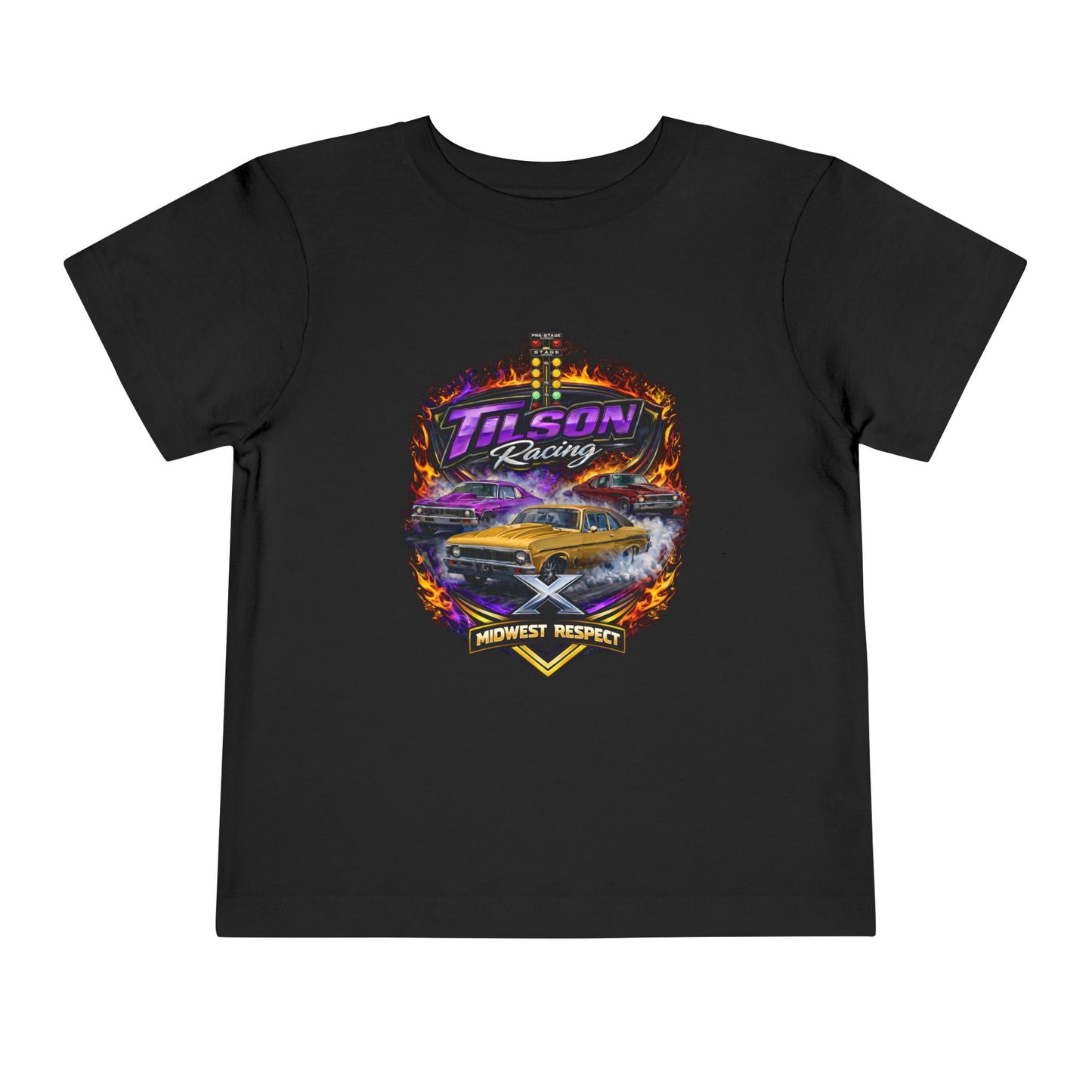 Black t-shirt with a colorful graphic design featuring a car and text on a white background